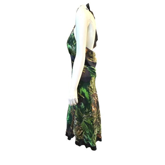 Cache Size Medium Green Jungle Print Silk Halter Dress Tropical Chic Resort Core - Picture 3 of 15